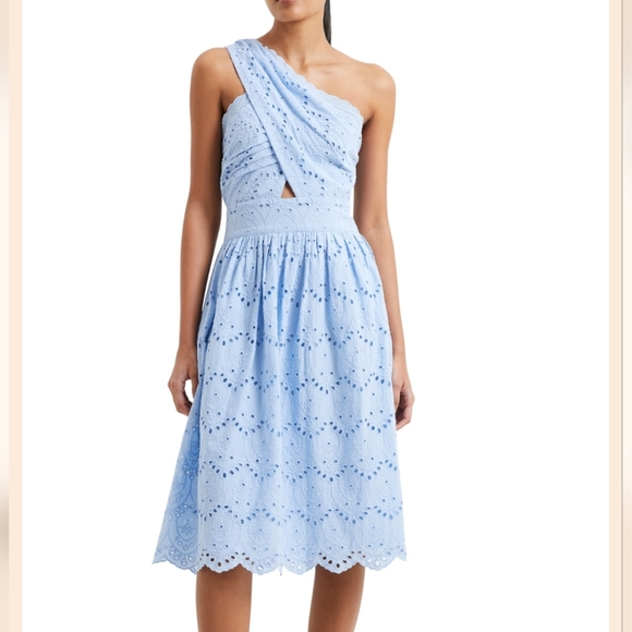 French Connection Appelonga Anglaise One-Shoulder Midi Dress PLACID BLUE - Picture 1 of 2